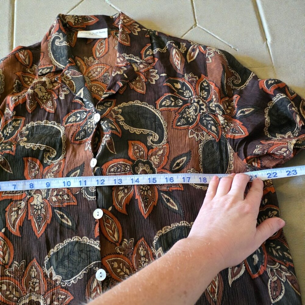 Amanda Smith Petite 100% Silk Blouse Paisley Brown Boho Earthy Coastal Grandma - Picture 13 of 14